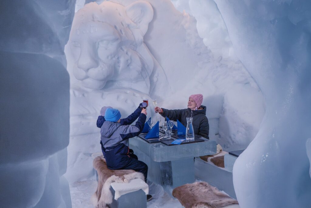 A family enjoying a meal in the Snow Restaurant